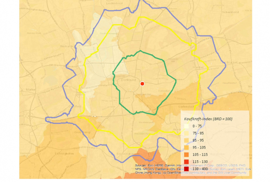 Standortanalyse für einen Musterstandort (hier: Einzugsgebiet nach Fahrminuten), erstellt mit Go*Local durch SHOPUNITS.DE
